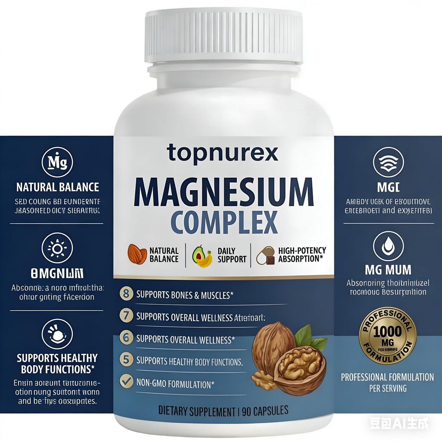 Topnurex Magnesium Complex for Women & Men - 1000mg High Absorption, 8 Essential Magnesium, 90 Capsules - dailyvitalstore