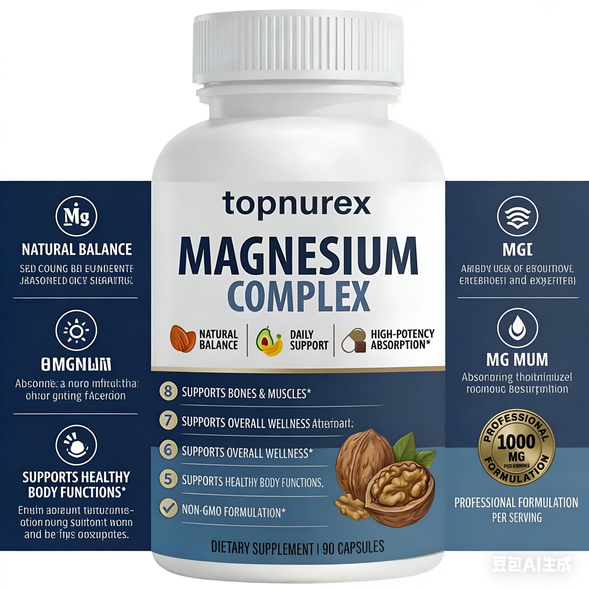 Topnurex Magnesium Complex for Women & Men - 1000mg High Absorption, 8 Essential Magnesium, 90 Capsules - dailyvitalstore