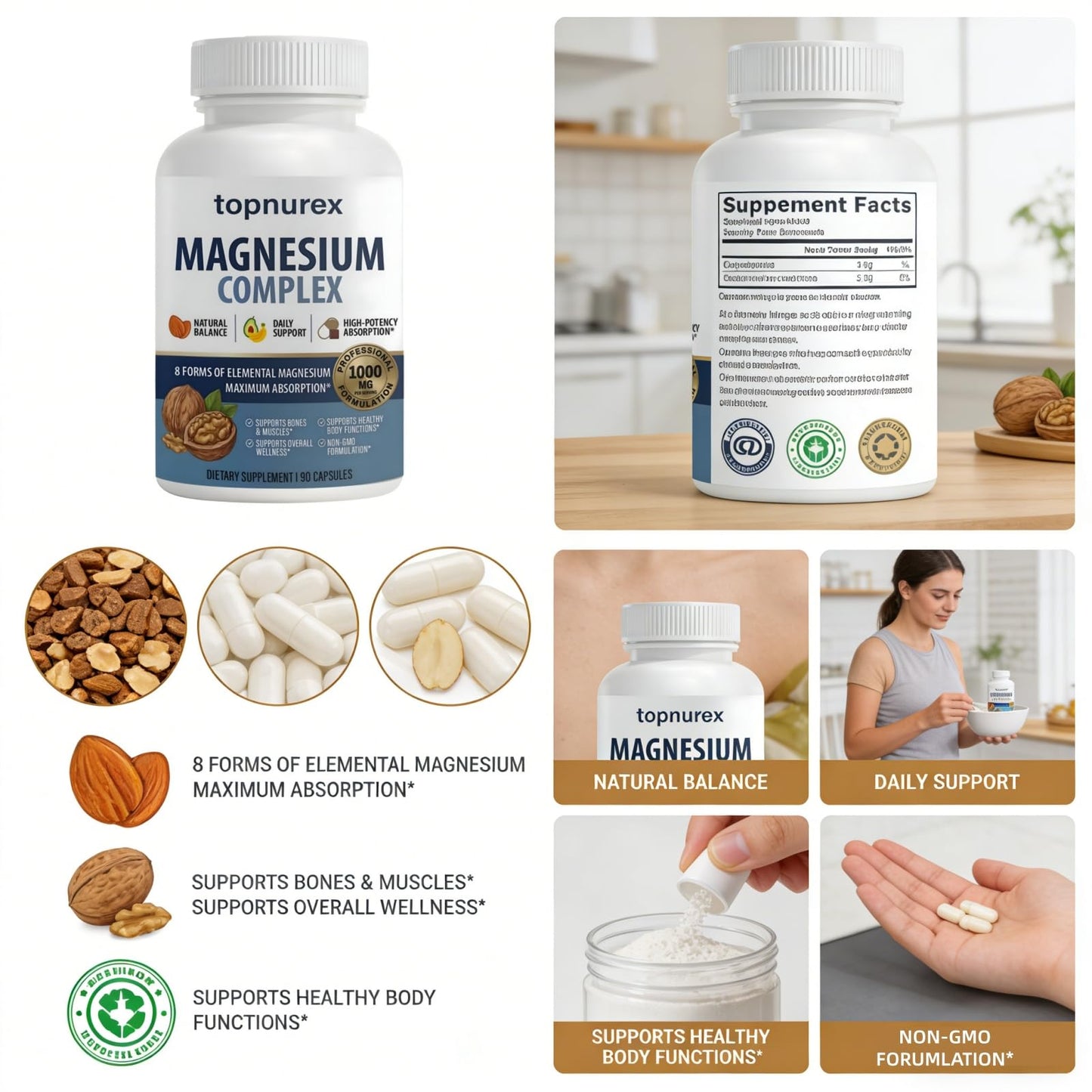 Topnurex Magnesium Complex for Women & Men - 1000mg High Absorption, 8 Essential Magnesium, 90 Capsules - dailyvitalstore