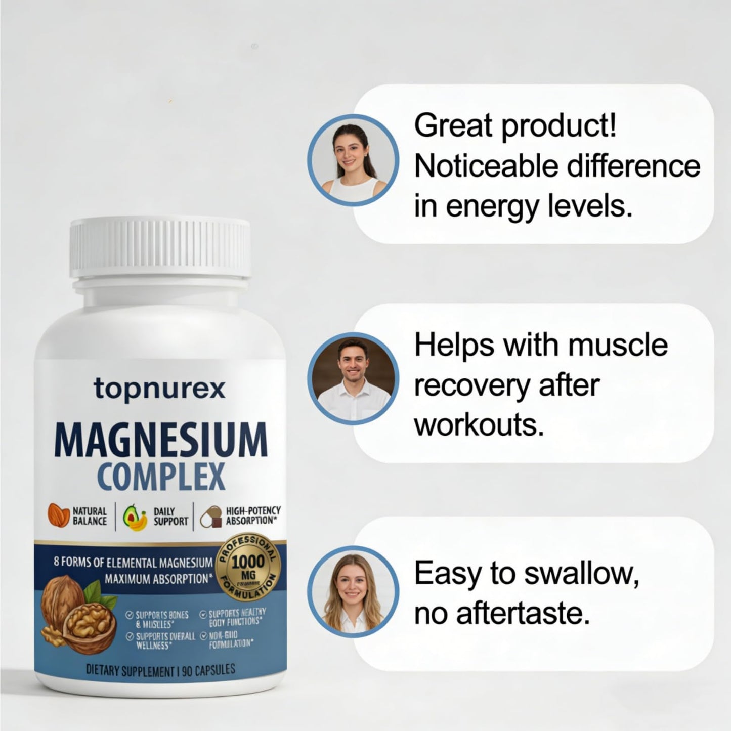 Topnurex Magnesium Complex for Women & Men - 1000mg High Absorption, 8 Essential Magnesium, 90 Capsules - dailyvitalstore