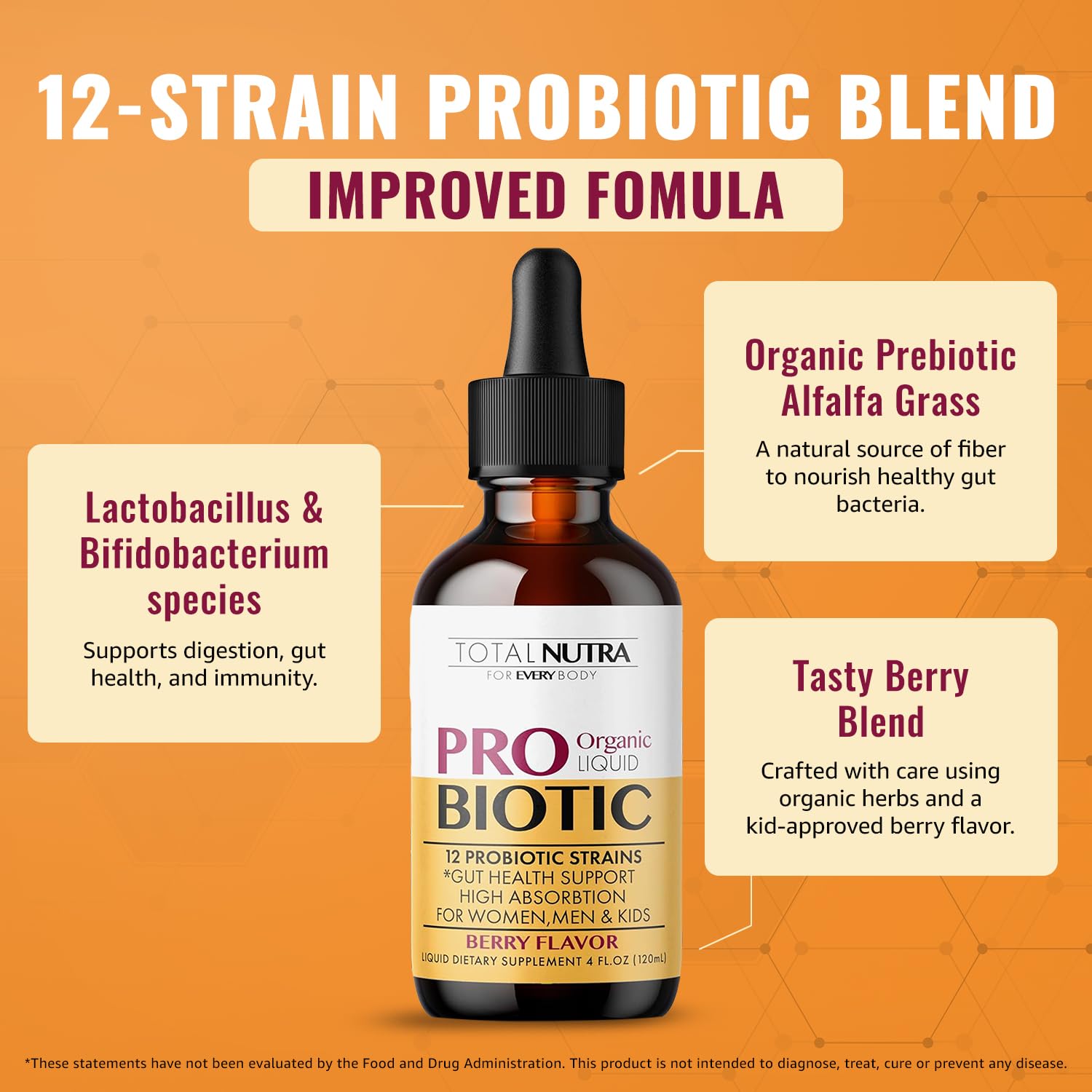 Total Nutra USDA Organic Liquid Probiotic for Kids, Women & Men, Toddler Probiotic Drops with Alfalfa Prebiotic Blend + Acidophilus for Gut Health, Vegan - dailyvitalstore