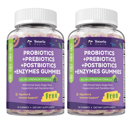 Totaria 2 PCS Sugar Free 5-in-1 Probiotic Prebiotic Postbiotic Gummy, 36 Strains Probiotics for Women Men with Digestive Enzymes, Peppermint, Complete Immune, Gut & Digestive Support, Grape Flavor - dailyvitalstore
