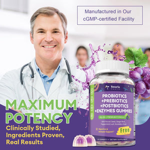 Totaria 2 PCS Sugar Free 5-in-1 Probiotic Prebiotic Postbiotic Gummy, 36 Strains Probiotics for Women Men with Digestive Enzymes, Peppermint, Complete Immune, Gut & Digestive Support, Grape Flavor - dailyvitalstore