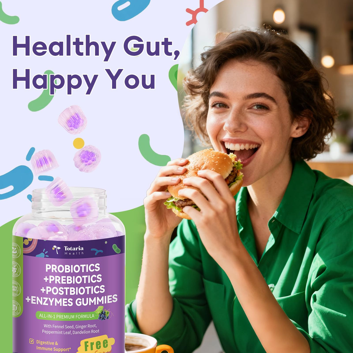 Totaria 2 PCS Sugar Free 5-in-1 Probiotic Prebiotic Postbiotic Gummy, 36 Strains Probiotics for Women Men with Digestive Enzymes, Peppermint, Complete Immune, Gut & Digestive Support, Grape Flavor - dailyvitalstore