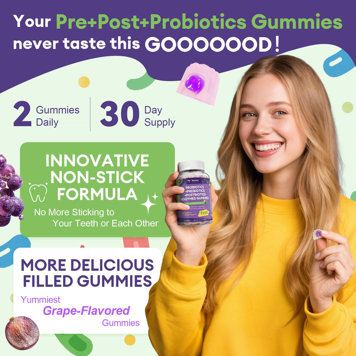 Totaria 2 PCS Sugar Free 5-in-1 Probiotic Prebiotic Postbiotic Gummy, 36 Strains Probiotics for Women Men with Digestive Enzymes, Peppermint, Complete Immune, Gut & Digestive Support, Grape Flavor - dailyvitalstore
