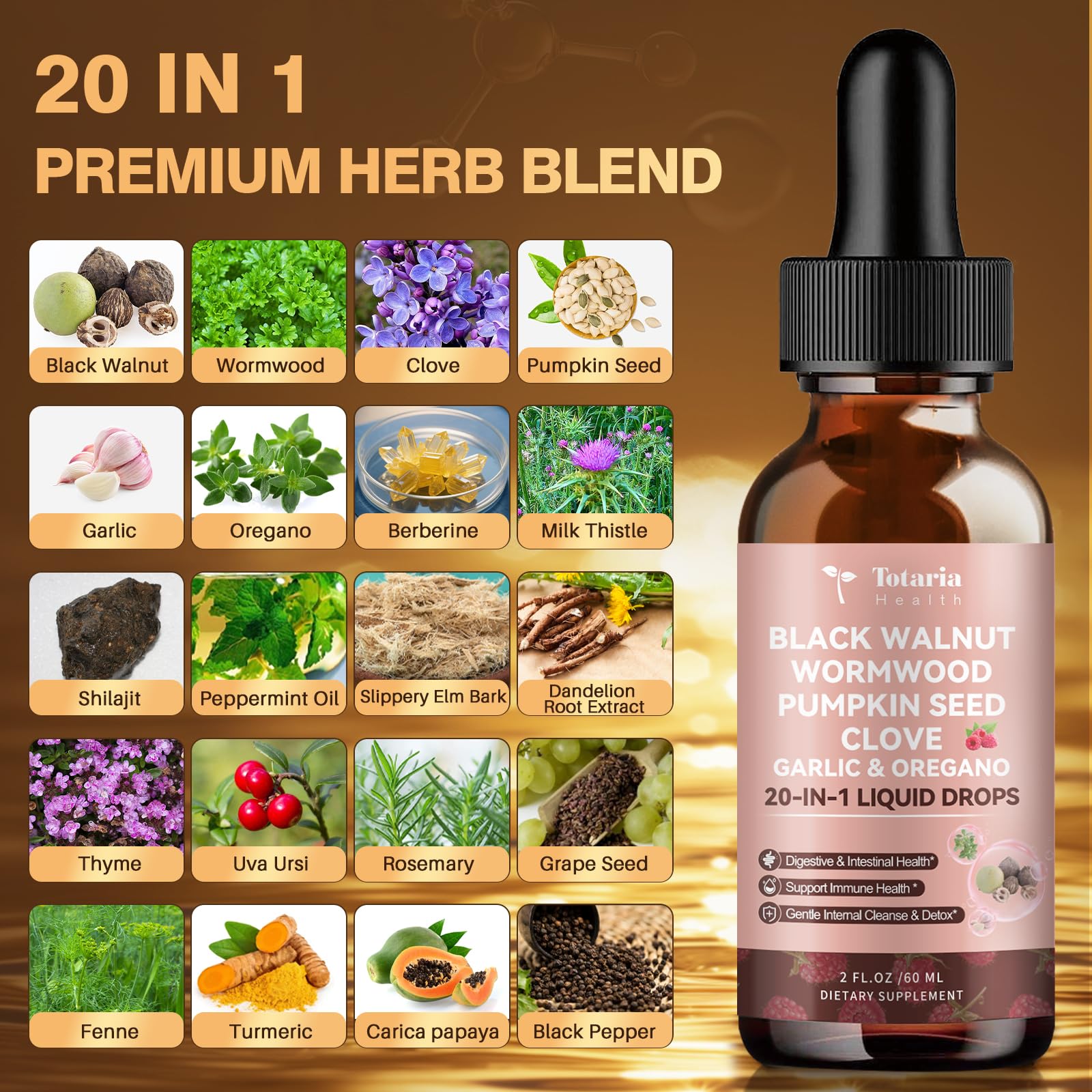 Totaria 20 in 1 Black Walnut Wormwood Tincture - Clove,Pumpkin Seed,Garlic,Oregano - dailyvitalstore