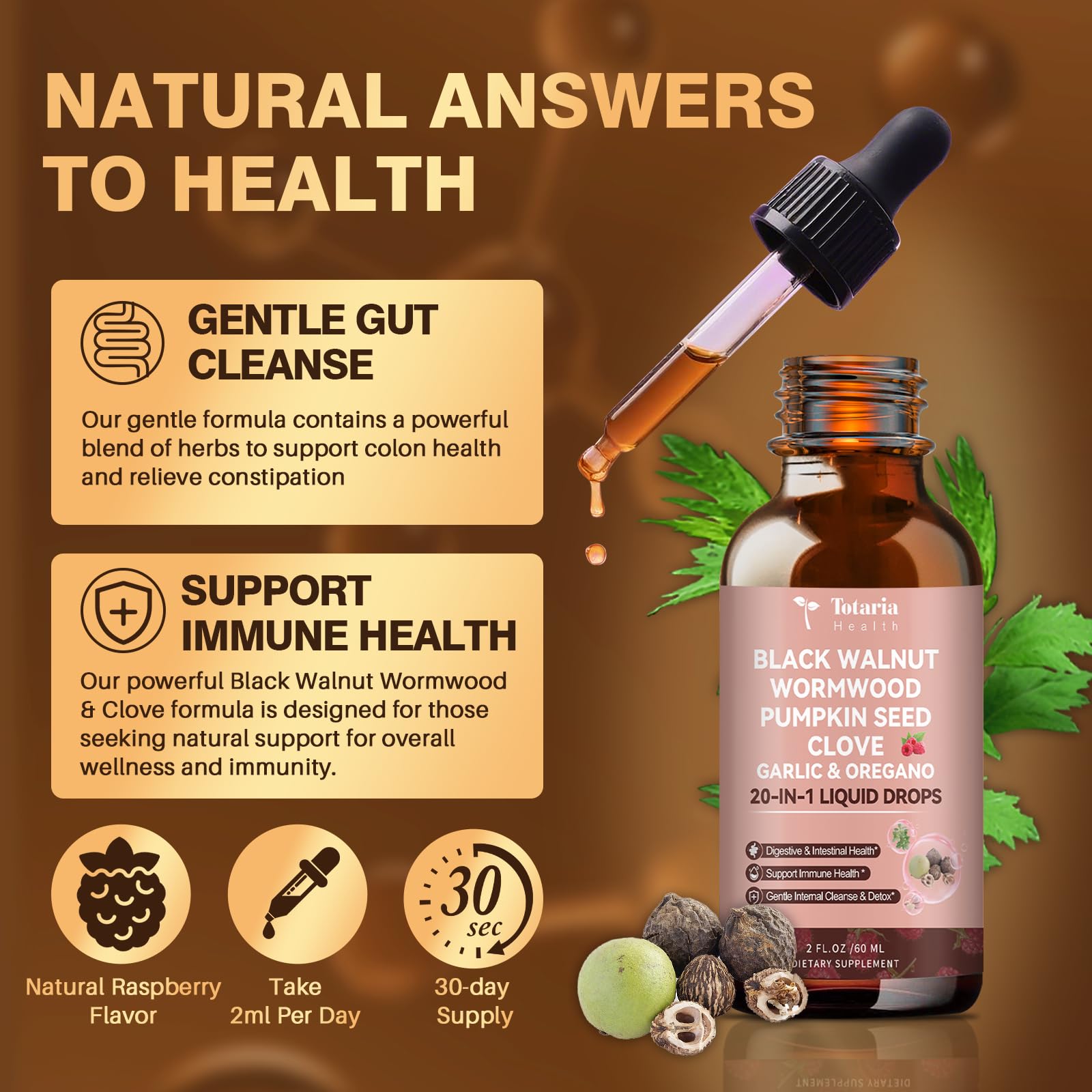 Totaria 20 in 1 Black Walnut Wormwood Tincture - Clove,Pumpkin Seed,Garlic,Oregano - dailyvitalstore