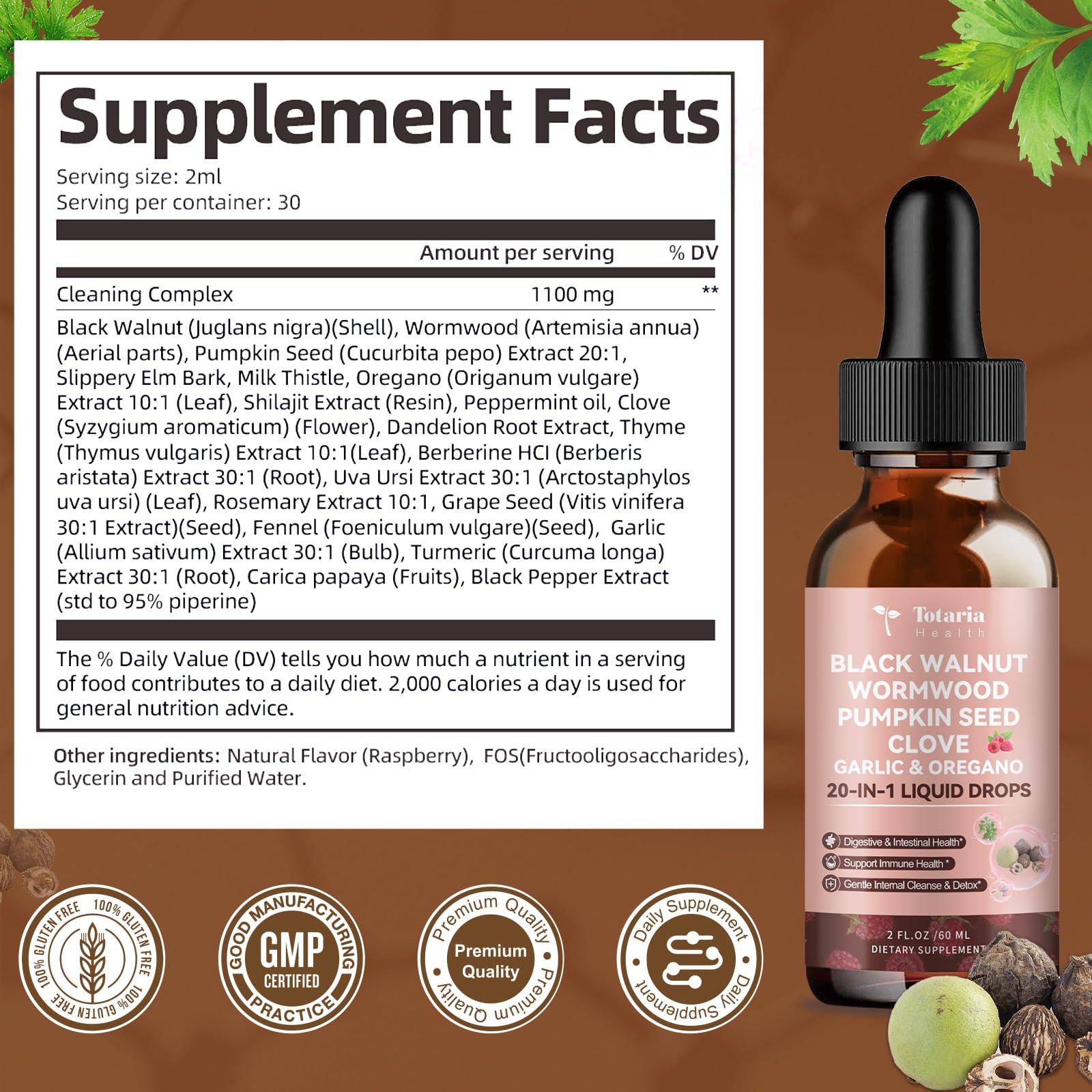 Totaria 20 in 1 Black Walnut Wormwood Tincture - Clove,Pumpkin Seed,Garlic,Oregano - dailyvitalstore