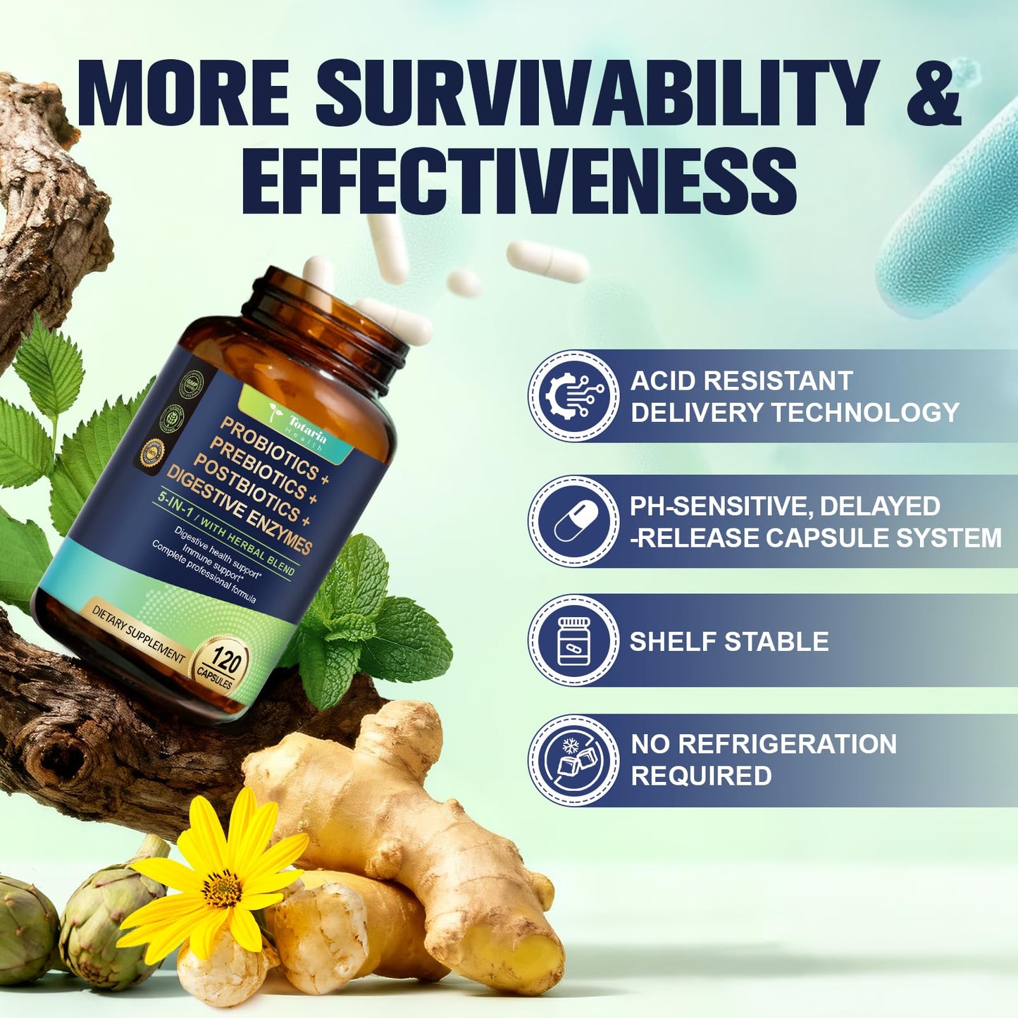 Totaria 5-in-1 60 Billion CFU Probiotic Prebiotic & Postbiotic for Women & Men, w/Digestive Enzymes, Slippery Elm, Daily Complete Gut Health, - dailyvitalstore
