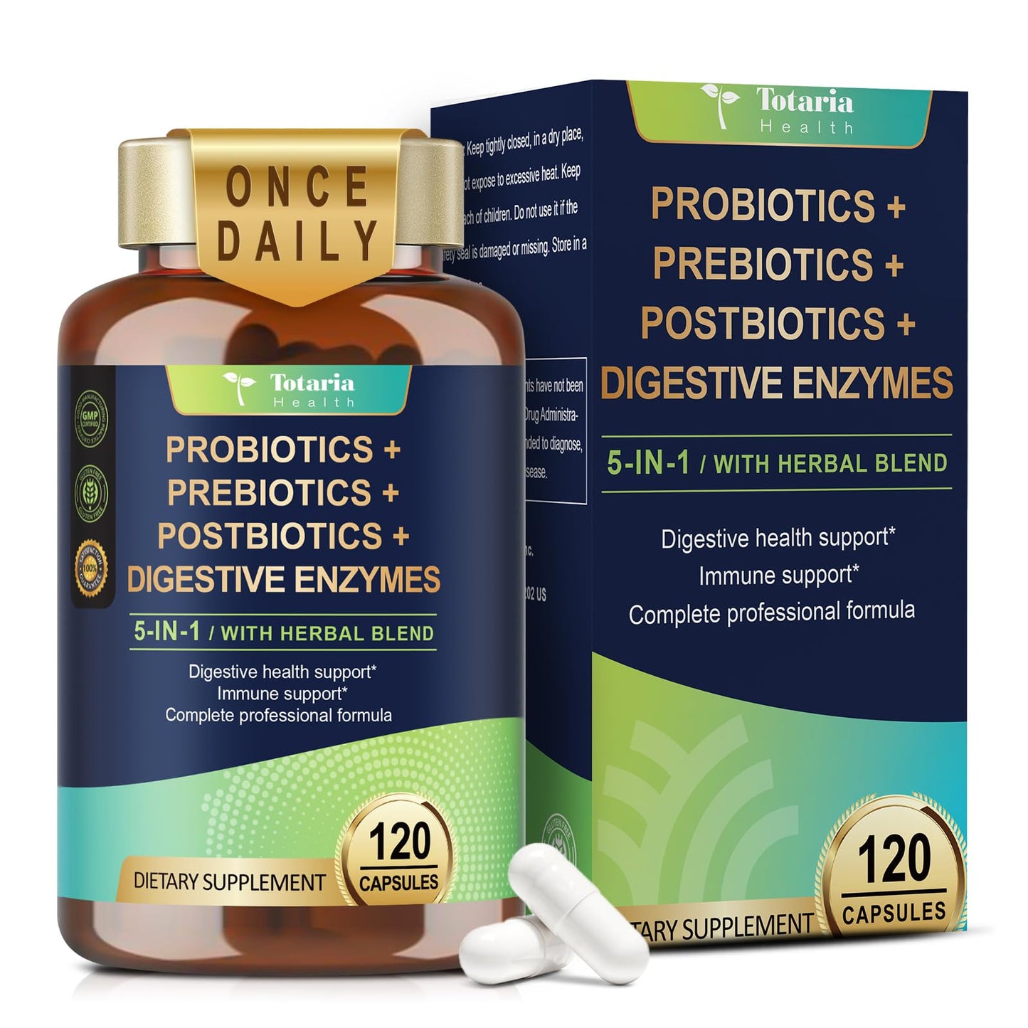 Totaria 5-in-1 60 Billion CFU Probiotic Prebiotic & Postbiotic for Women & Men, w/Digestive Enzymes, Slippery Elm, Daily Complete Gut Health, - dailyvitalstore