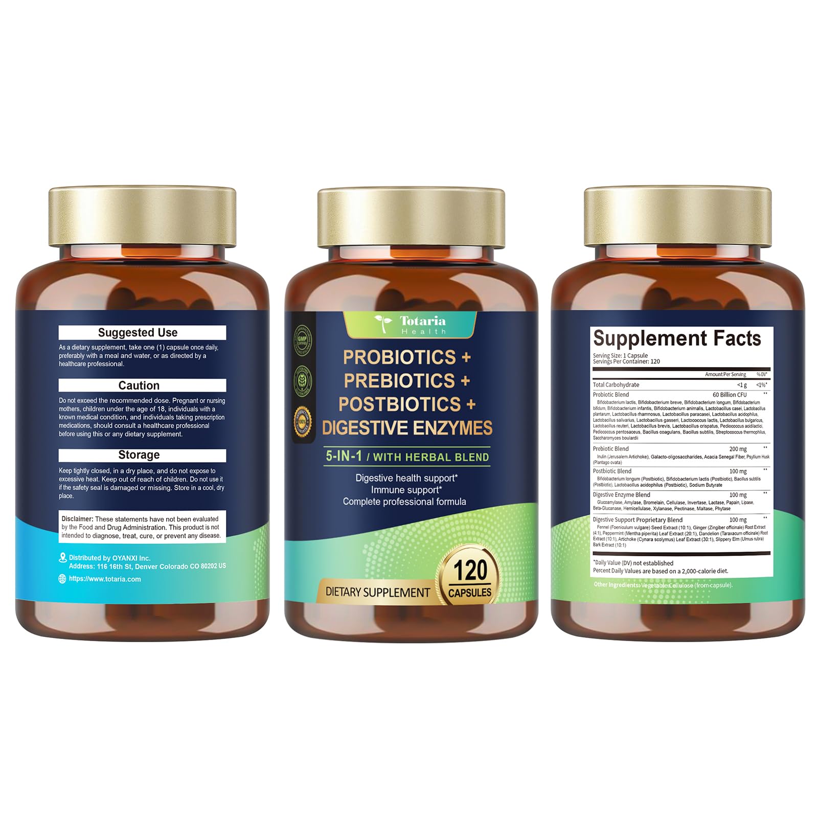 Totaria 5-in-1 60 Billion CFU Probiotic Prebiotic & Postbiotic for Women & Men, w/Digestive Enzymes, Slippery Elm, Daily Complete Gut Health, - dailyvitalstore