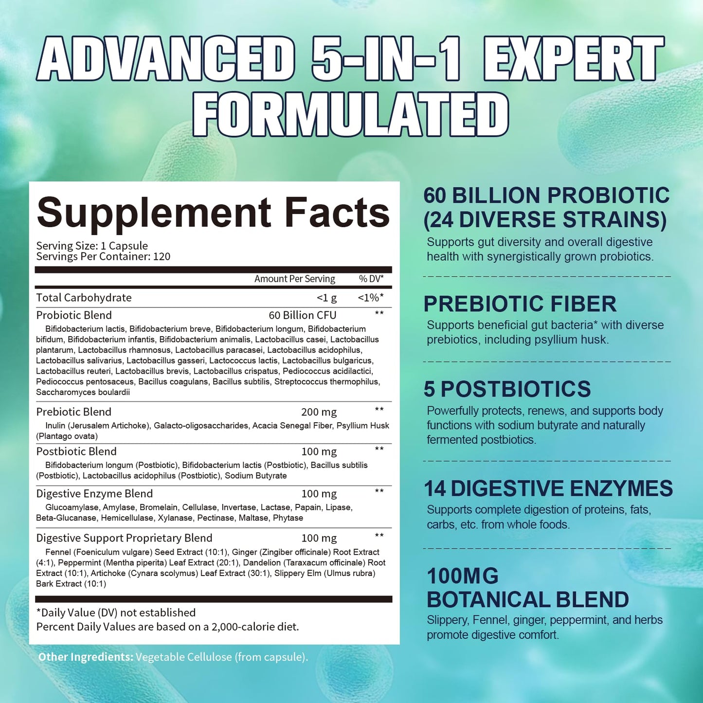 Totaria 5-in-1 60 Billion CFU Probiotic Prebiotic & Postbiotic for Women & Men, w/Digestive Enzymes, Slippery Elm, Daily Complete Gut Health, - dailyvitalstore