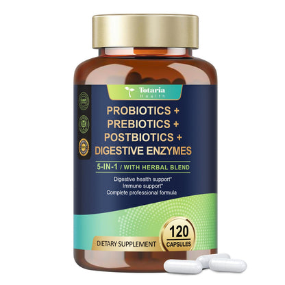 Totaria 5-in-1 Probiotic Prebiotic & Postbiotic for Women Men, 60 Billion CFU 24 Strains w/Digestive Enzymes, Prebiotic Fiber, Slippery Elm - dailyvitalstore