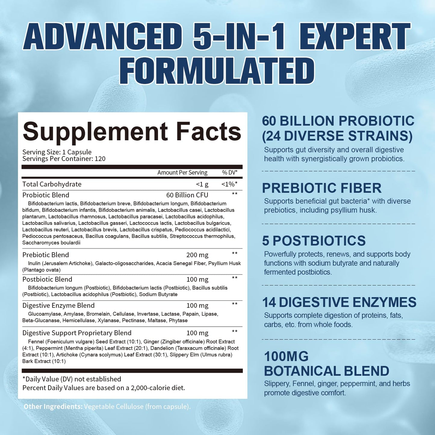 Totaria 5-in-1 Probiotic Prebiotic & Postbiotic for Women Men, 60 Billion CFU 24 Strains w/Digestive Enzymes, Prebiotic Fiber, Slippery Elm - dailyvitalstore