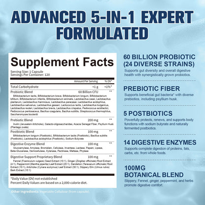 Totaria 5-in-1 Probiotic Prebiotic & Postbiotic for Women Men, 60 Billion CFU 24 Strains w/Digestive Enzymes, Prebiotic Fiber, Slippery Elm - dailyvitalstore