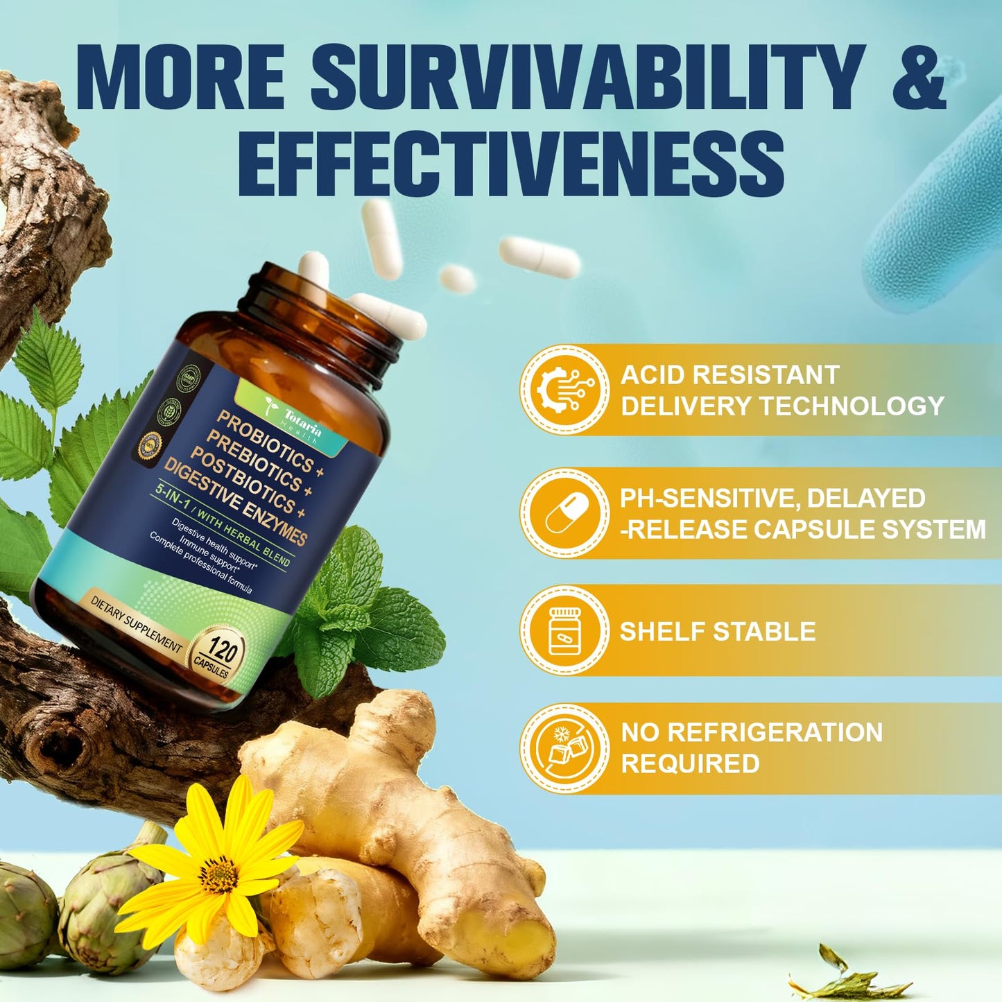Totaria 5-in-1 Probiotic Prebiotic & Postbiotic for Women Men, 60 Billion CFU 24 Strains w/Digestive Enzymes, Prebiotic Fiber, Slippery Elm - dailyvitalstore