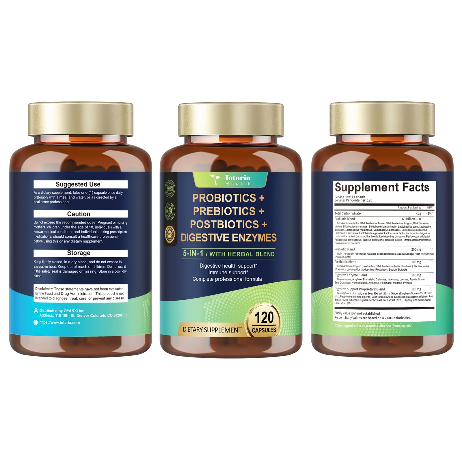 Totaria 5-in-1 Probiotic Prebiotic & Postbiotic for Women Men, 60 Billion CFU 24 Strains w/Digestive Enzymes, Prebiotic Fiber, Slippery Elm - dailyvitalstore