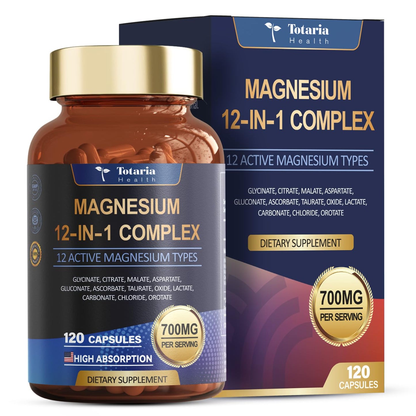 Totaria Magnesium Complex 700mg 12 in 1 Magnesium Supplement with Glycinate Citrate Malate Oxide Taurate Aspartate Orotate Magnesium Relaxation,Muscle,Heart Support, Vegan 120 Capsules - dailyvitalstore