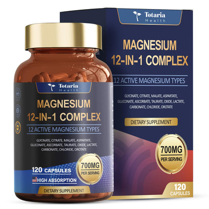 Totaria Magnesium Complex 700mg 12 in 1 Magnesium Supplement with Glycinate Citrate Malate Oxide Taurate Aspartate Orotate Magnesium Relaxation,Muscle,Heart Support, Vegan 120 Capsules - dailyvitalstore