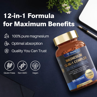 Totaria Magnesium Complex 700mg 12 in 1 Magnesium Supplement with Glycinate Citrate Malate Oxide Taurate Aspartate Orotate Magnesium Relaxation,Muscle,Heart Support, Vegan 120 Capsules - dailyvitalstore