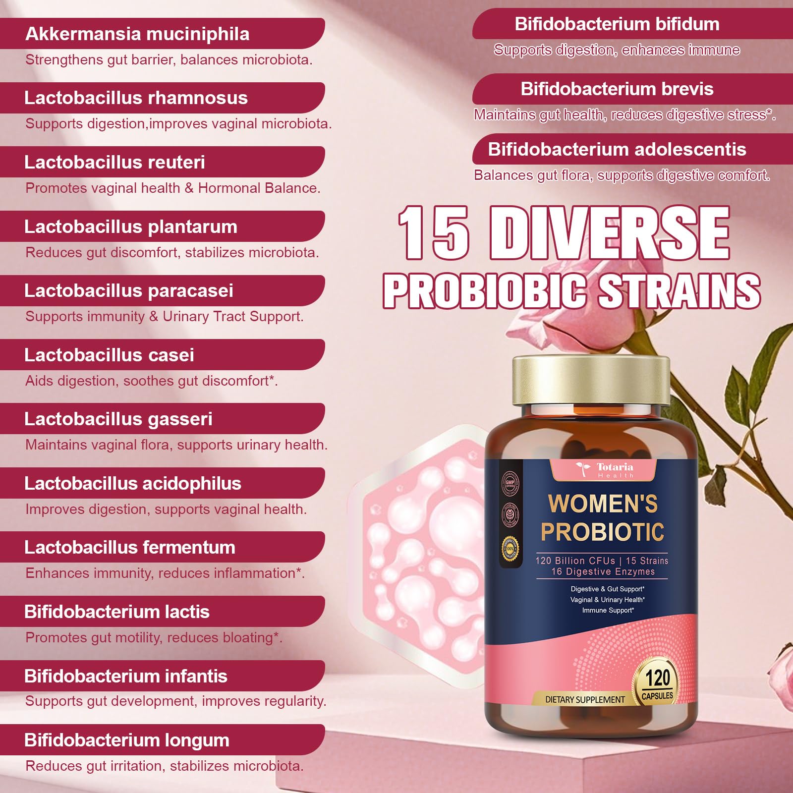 Totaria Probiotics for Women, 120 Billion Women Probiotic, with Akkermansia, Digestive Enzymes & Prebiotics, Cranberry, D-Mannose, for Gut, Vaginal, Urinary - dailyvitalstore