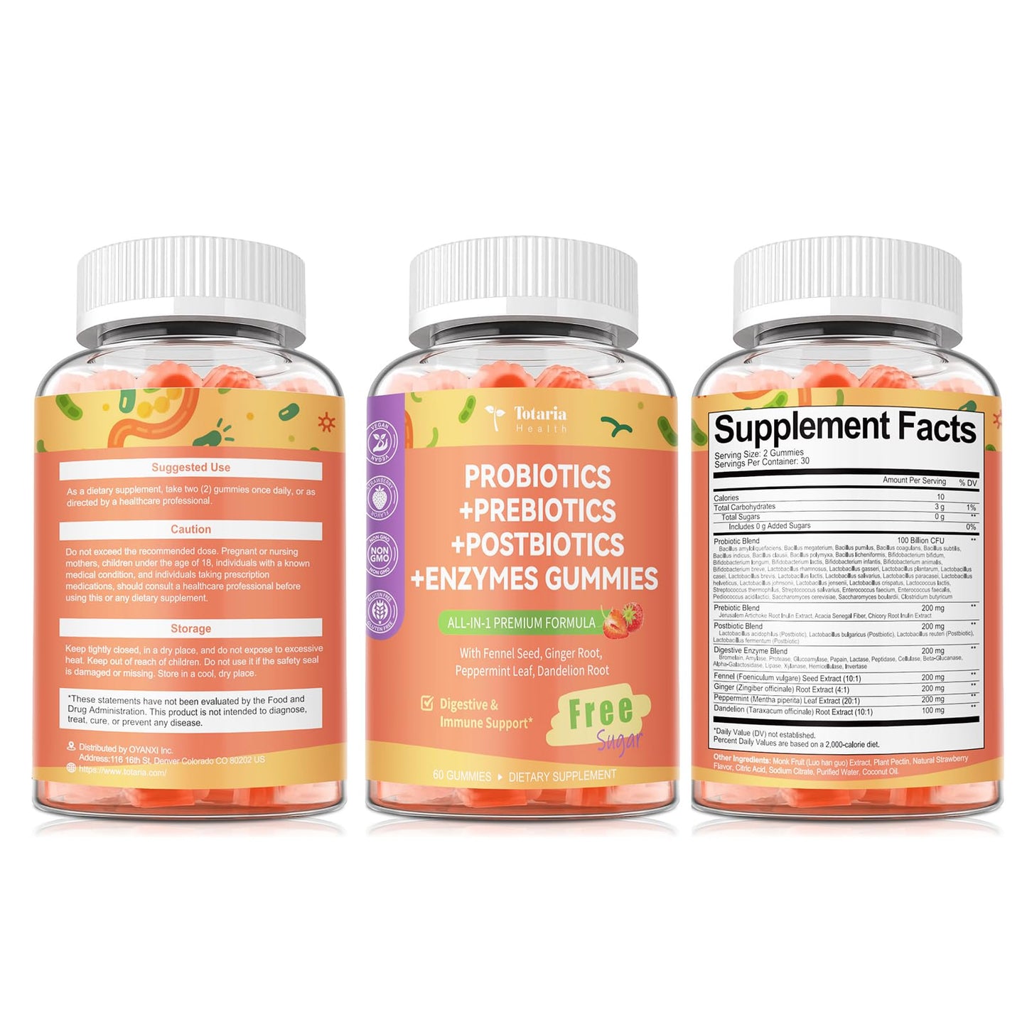 Totaria Sugar Free 5-in-1 Probiotic Prebiotic Postbiotic Gummy, 36 Strains Probiotics for Women Men with Digestive Enzymes, Peppermint, Complete Immune, - dailyvitalstore
