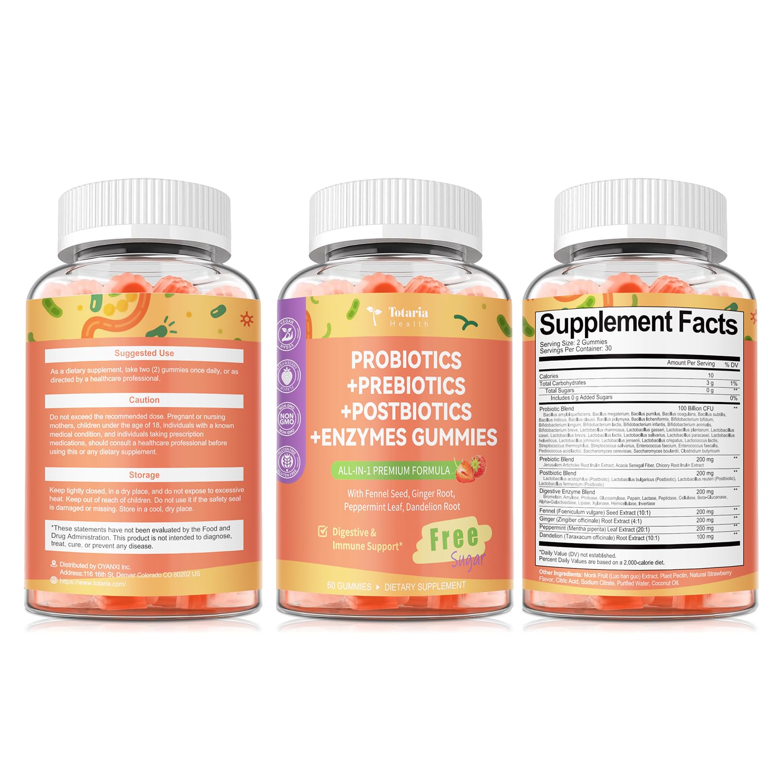 Totaria Sugar Free 5-in-1 Probiotic Prebiotic Postbiotic Gummy, 36 Strains Probiotics for Women Men with Digestive Enzymes, Peppermint, Complete Immune, - dailyvitalstore