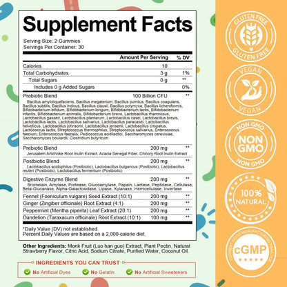 Totaria Sugar Free 5-in-1 Probiotic Prebiotic Postbiotic Gummy, 36 Strains Probiotics for Women Men with Digestive Enzymes, Peppermint, Complete Immune, - dailyvitalstore