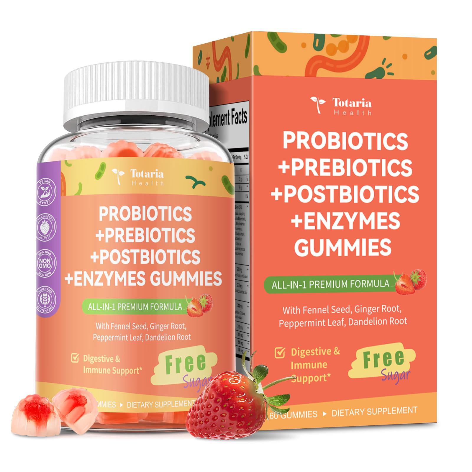 Totaria Sugar Free 5-in-1 Probiotic Prebiotic Postbiotic Gummy, 36 Strains Probiotics for Women Men with Digestive Enzymes, Peppermint, Complete Immune, - dailyvitalstore