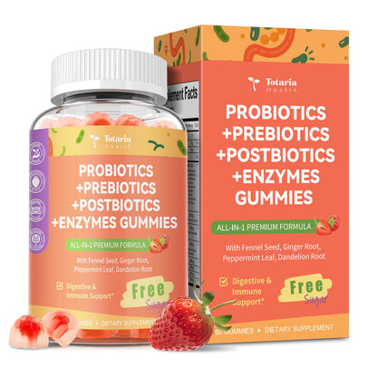 Totaria Sugar Free 5-in-1 Probiotic Prebiotic Postbiotic Gummy, 36 Strains Probiotics for Women Men with Digestive Enzymes, Peppermint, Complete Immune, - dailyvitalstore