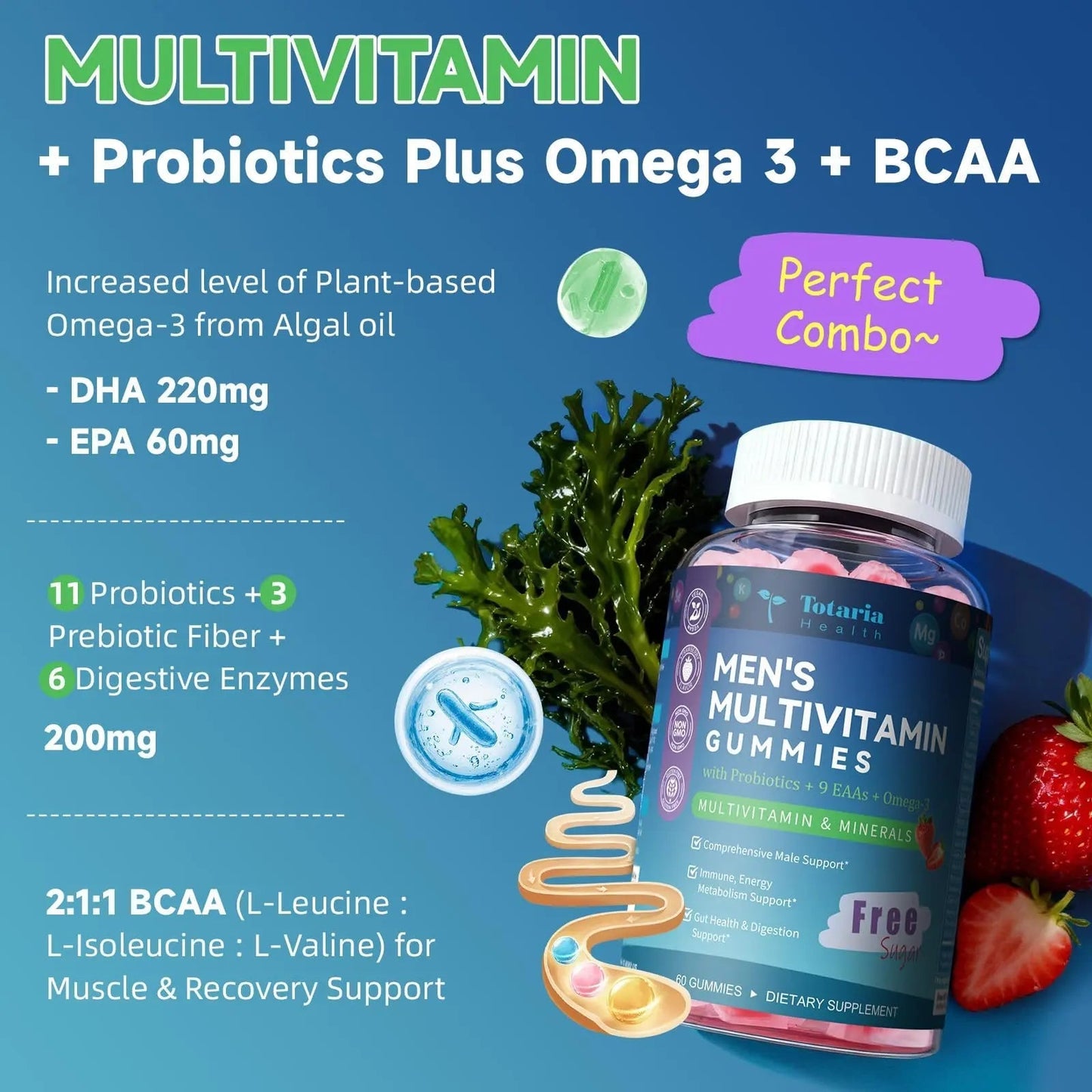 Totaria Sugar Free Multivitamin for Men with Omega 3, Probiotics, Mens Multivitamins Gummies w/Methylated B Complex - dailyvitalstore