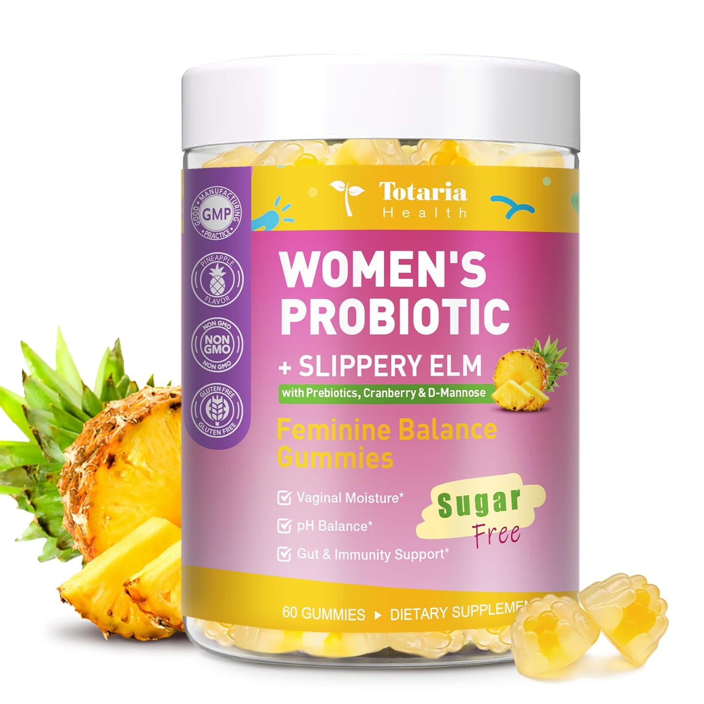 Totaria Sugar Free Probiotics for Women, Feminine Balance Gummies, 50 Billion CFU Vaginal Probiotic Prebiotic w/Slippery Elm, Cranberry, for Vaginal, Urinary Tract - dailyvitalstore