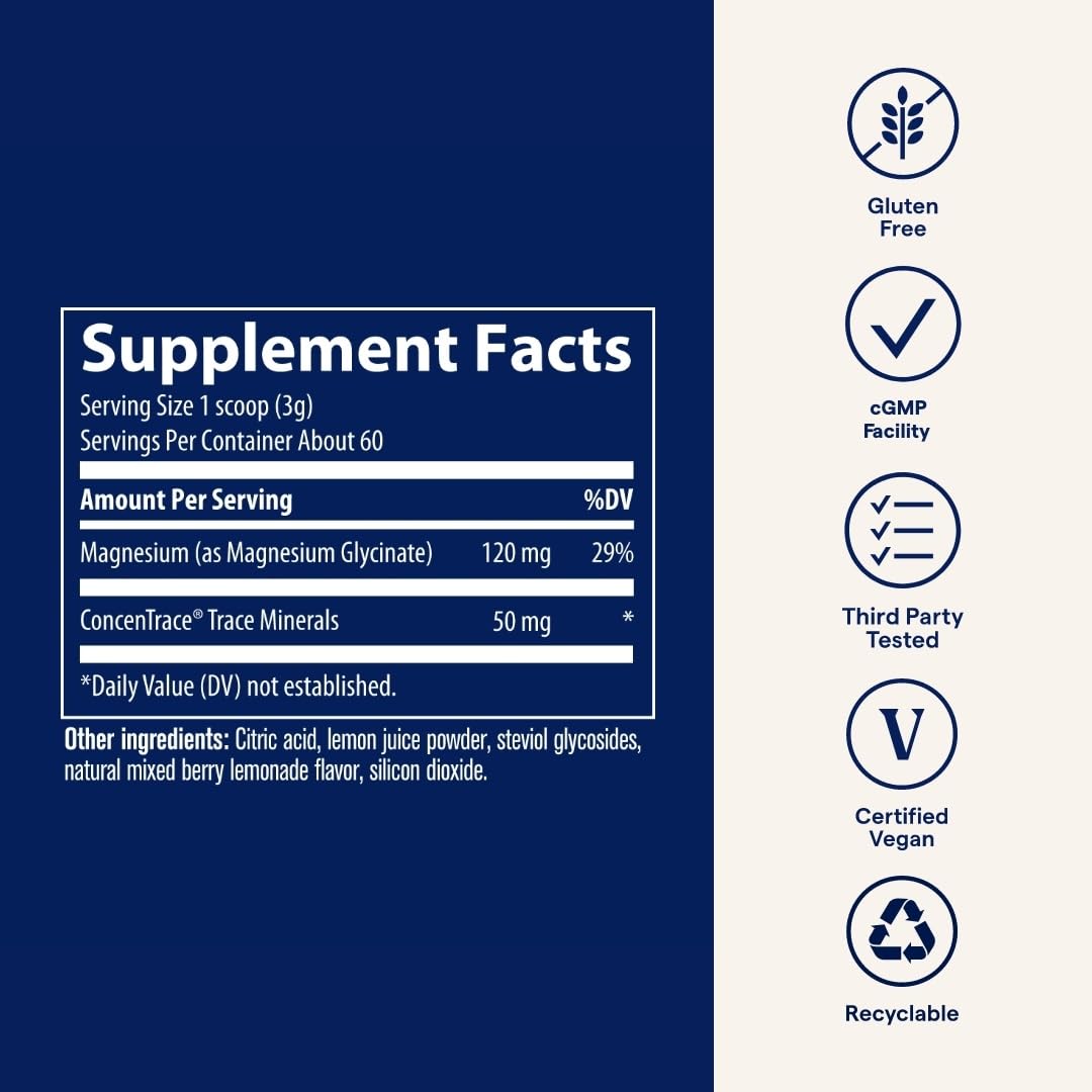 Trace Minerals Magnesium Glycinate Powder - Daily Magnesium Powder for Sleep Support - Calming Bedtime Drink - Natural & Gentle - Mixed Berry Lemonade - 180g (60 Servings) - dailyvitalstore