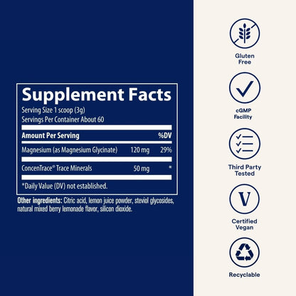 Trace Minerals Magnesium Glycinate Powder - Daily Magnesium Powder for Sleep Support - Calming Bedtime Drink - Natural & Gentle - Mixed Berry Lemonade - 180g (60 Servings) - dailyvitalstore