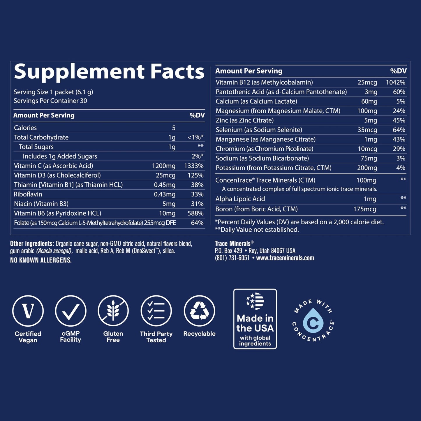 Trace Minerals Power Pak Multivitamin and Multimineral Packets - Electrolyte Support - 1200 mg Vitamin C plus 70+ Trace Minerals - Lemon Lime Flavor - 30 Packets - dailyvitalstore