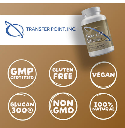 Transfer Point Yeast-Derived Beta 1,3D Glucan (1,3/1,6 B-Glucans) 200mg, Minimum 85% Beta Glucan Content, Non-GMO, Vegetarian, All-Natural Immune Support, 60 Capsules - dailyvitalstore
