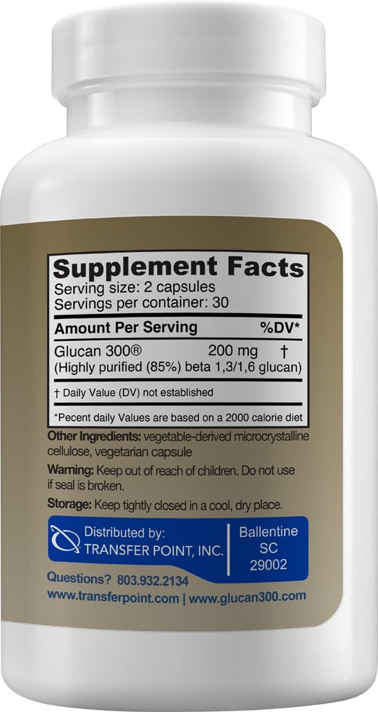 Transfer Point Yeast-Derived Beta 1,3D Glucan (1,3/1,6 B-Glucans) 200mg, Minimum 85% Beta Glucan Content, Non-GMO, Vegetarian, All-Natural Immune Support, 60 Capsules - dailyvitalstore