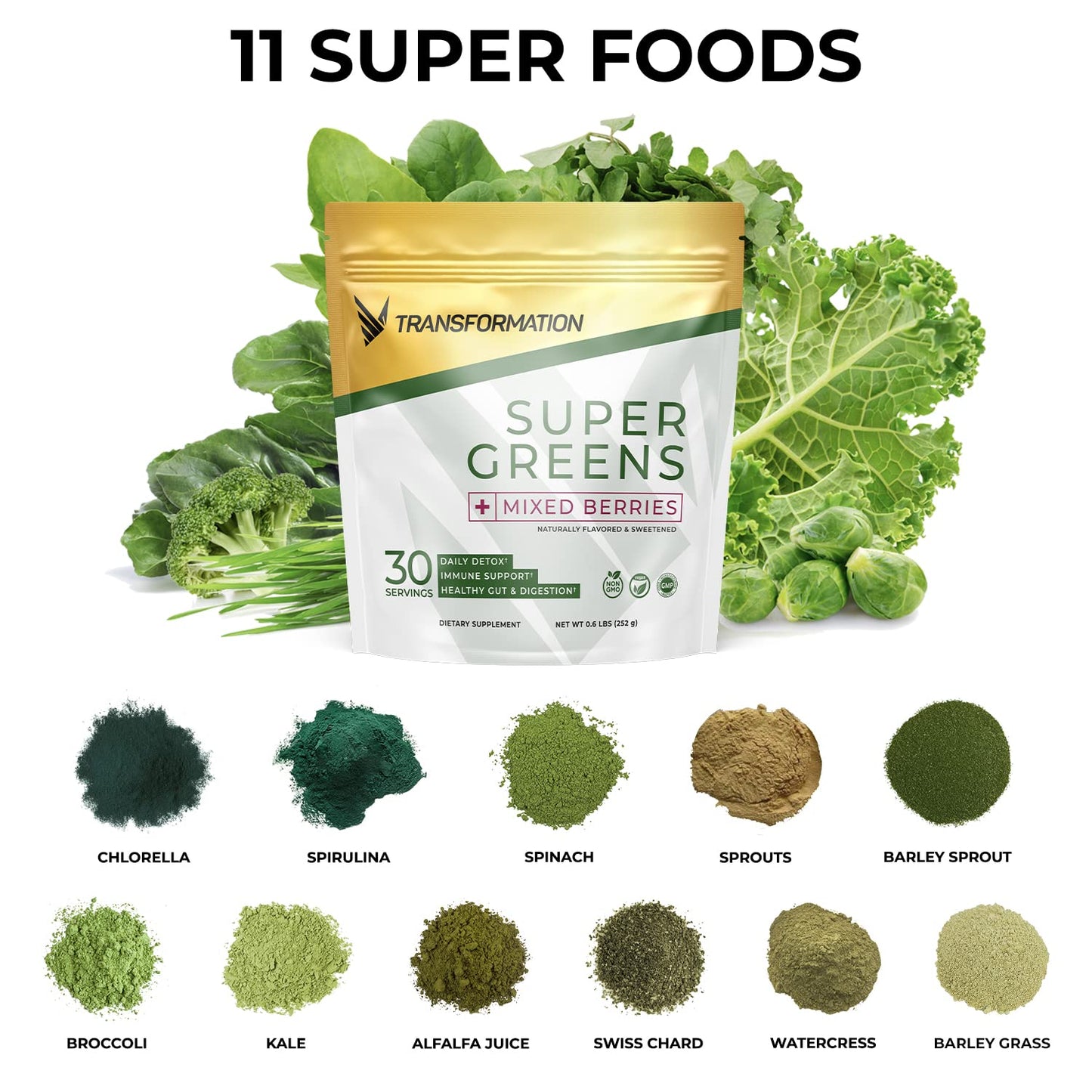 Transformation Super Greens Superfood Green Juice Powder - Immune & Energy Support | Natural Ingredients | Detoxifying & Alkalizing Minerals - Spirulina, Chlorella, Wheatgrass, Spinach, Alfalfa - dailyvitalstore