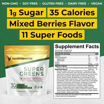 Transformation Super Greens Superfood Green Juice Powder - Immune & Energy Support | Natural Ingredients | Detoxifying & Alkalizing Minerals - Spirulina, Chlorella, Wheatgrass, Spinach, Alfalfa - dailyvitalstore