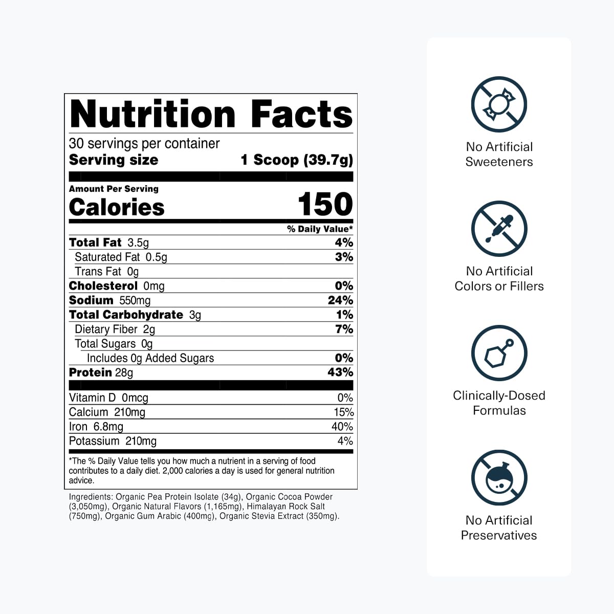 Transparent Labs 100% Pea Protein Powder - 28g Organic Plant Protein per Serving, Clean Pea Isolate Powder, USDA Organic, Vegan, Gluten-Free, Sugar-Free, Non-GMO - 30 Servings, Chocolate - dailyvitalstore