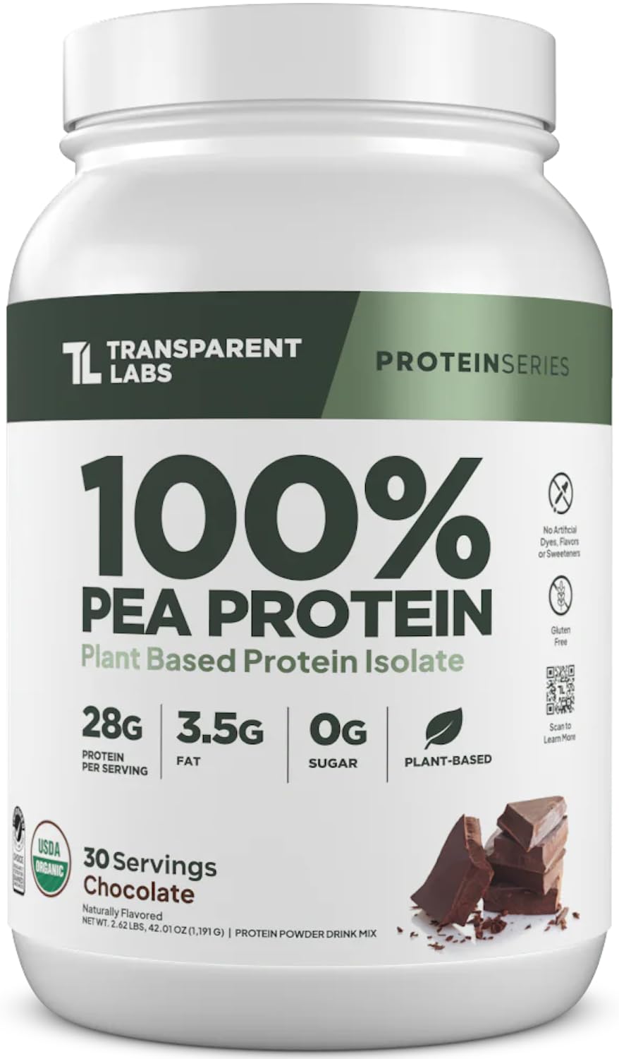 Transparent Labs 100% Pea Protein Powder - 28g Organic Plant Protein per Serving, Clean Pea Isolate Powder, USDA Organic, Vegan, Gluten-Free, Sugar-Free, Non-GMO - 30 Servings, Chocolate - dailyvitalstore
