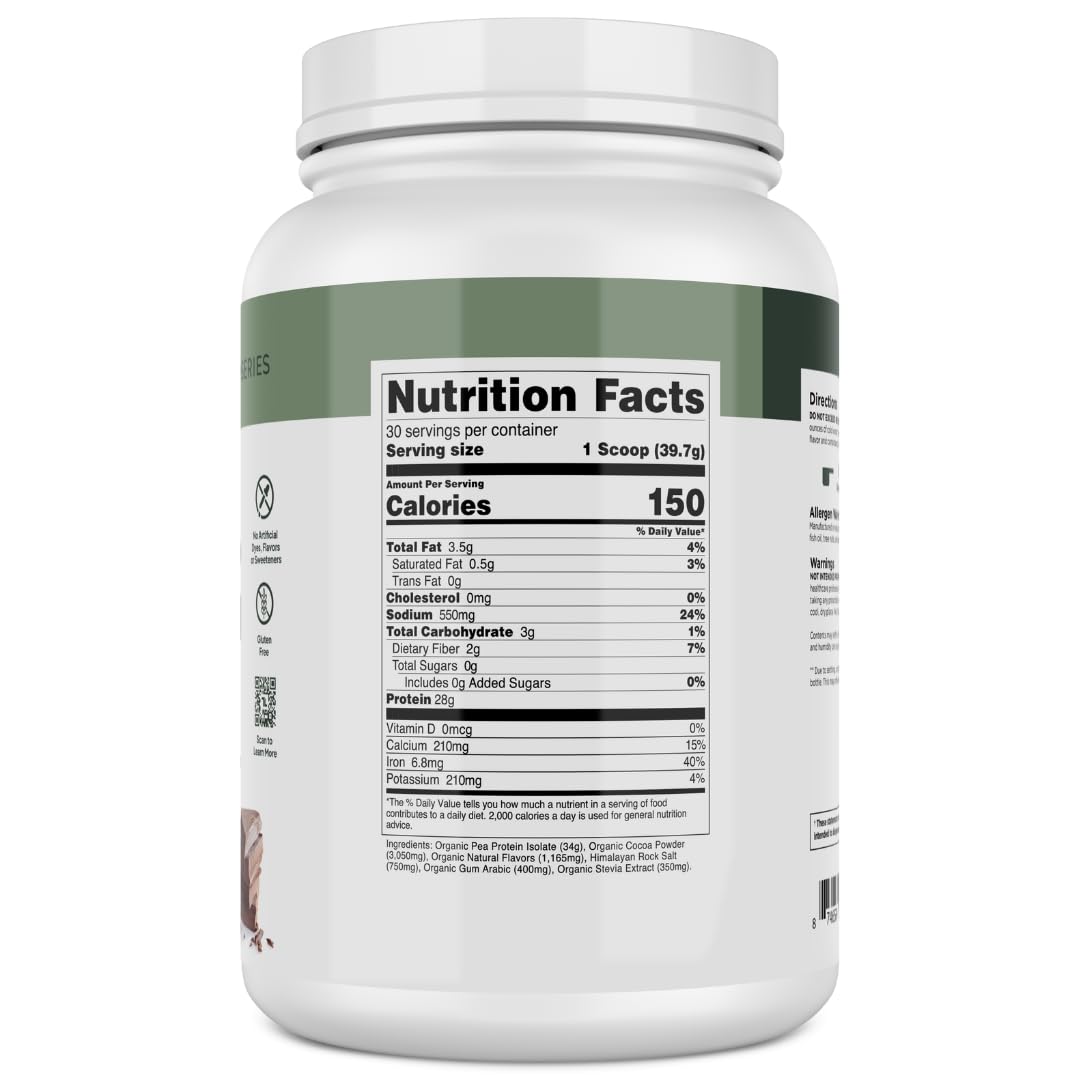 Transparent Labs 100% Pea Protein Powder - 28g Organic Plant Protein per Serving, Clean Pea Isolate Powder, USDA Organic, Vegan, Gluten-Free, Sugar-Free, Non-GMO - 30 Servings, Chocolate - dailyvitalstore