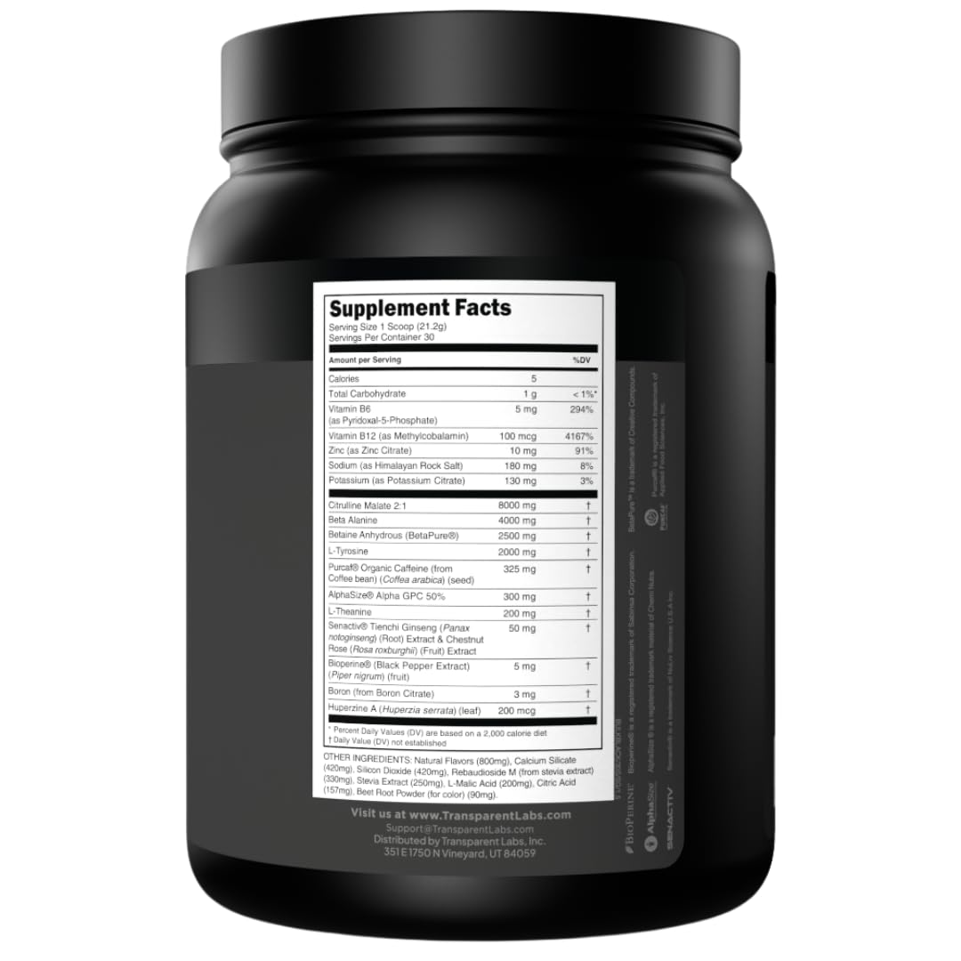 Transparent Labs Bulk Black Pre Workout - Clinically Dosed, Sugar Free Preworkout for Men and Women with Beta Alanine Powder, Citrulline Malate - dailyvitalstore