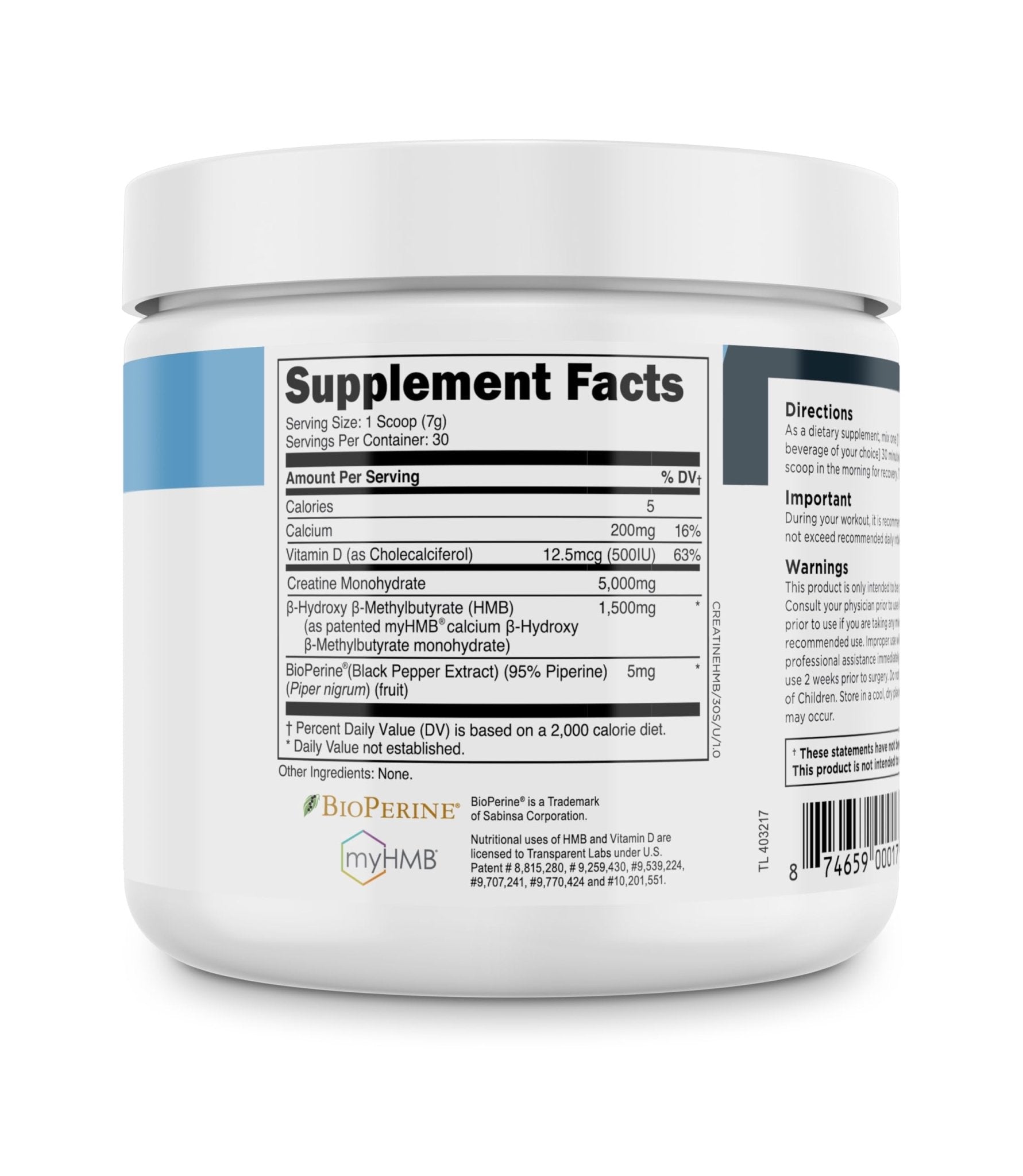 Transparent Labs Creatine HMB - Creatine Monohydrate Powder with HMB for Muscle Growth, Increased Strength, Enhanced Energy Output, and Improved Athletic Performance - 30 Servings, Unflavored - dailyvitalstore