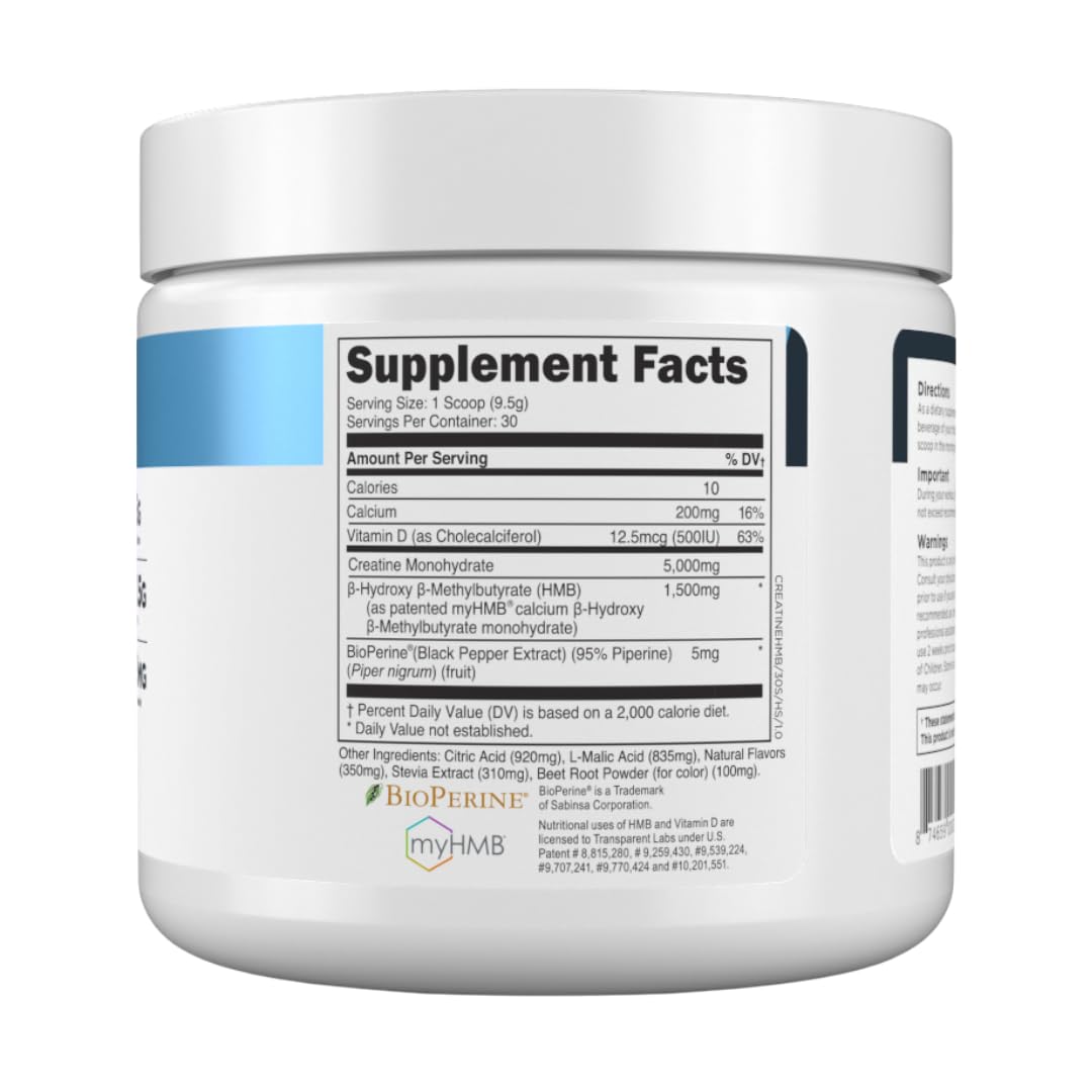 Transparent Labs Creatine HMB - Creatine Monohydrate Powder with HMB for Muscle Growth, Increased Strength, Enhanced Energy Output, and Improved Athletic Performance - dailyvitalstore