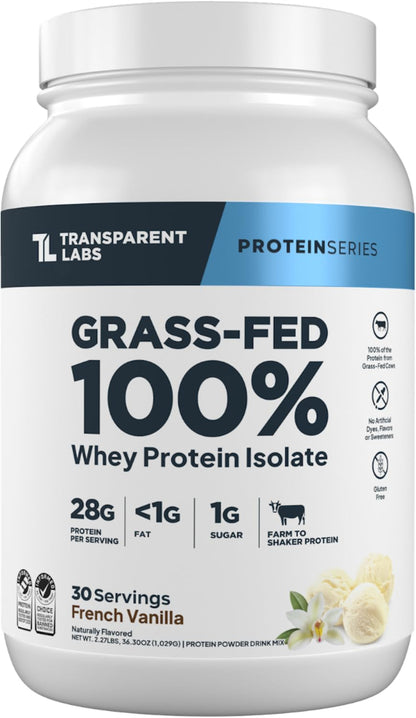 Transparent Labs Grass-Fed Whey Protein Isolate - Naturally Flavored, Gluten Free Whey Protein Powder with 28g of Protein per Serving & 9 Amino Acids - 30 Servings, French Vanilla - dailyvitalstore