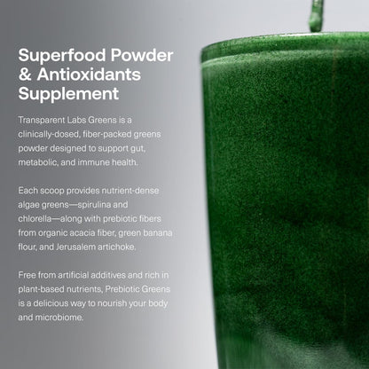 Transparent Labs Prebiotic Greens - Superfood Powder & Antioxidants Supplement with Organic Spirulina, Chloerra, Acacia, & Green Banana Powder - 30 Servings, Unflavored - dailyvitalstore