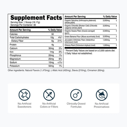 Transparent Labs Prebiotic Greens - Superfood Powder & Antioxidants Supplement with Organic Spirulina, Chloerra, Acacia, & Green Banana Powder - 30 Servings, Unflavored - dailyvitalstore