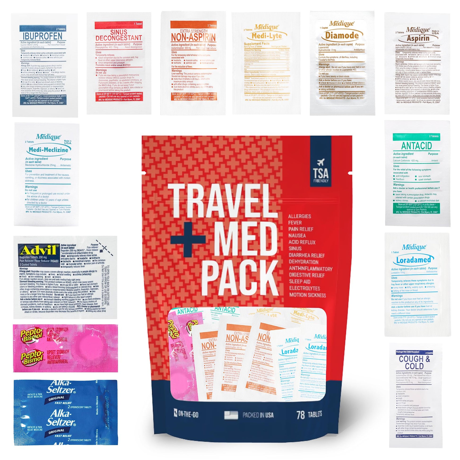 Travel Medicine Kit - 78-Piece TSA-Friendly Med Pack for Flights, Cruises & International Travel | Individually Wrapped Medication Essentials for Any Occasion - dailyvitalstore