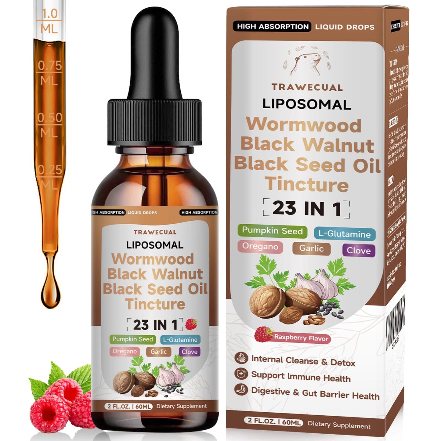 Trawecual Black Walnut Wormwood Black Seed Oil Cleanse Tincture, 23-in-1 Gentle Gut Detox & Digestive Health Support with Clove, Pumpkin Seed - dailyvitalstore